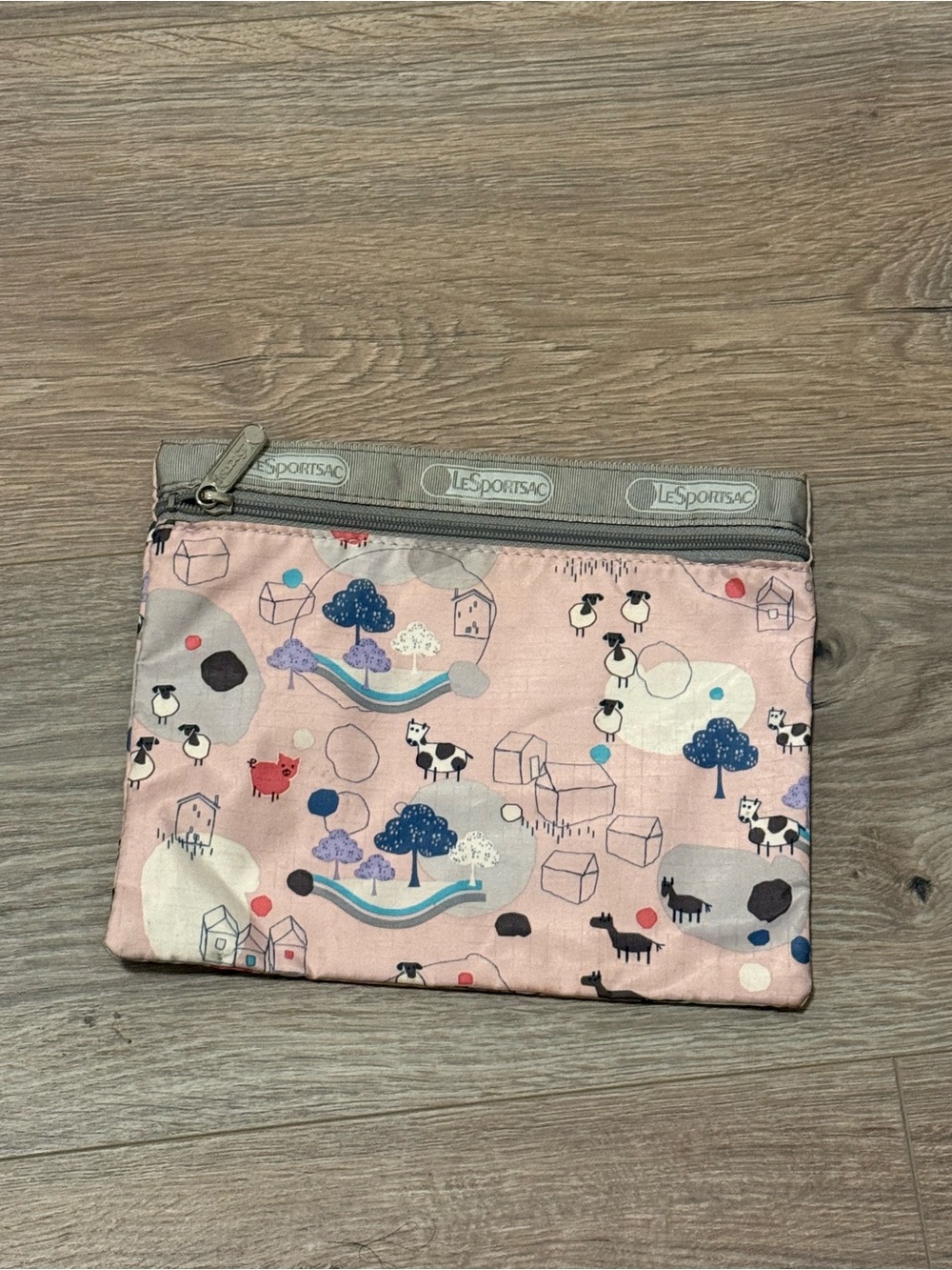 LeSportsac Pink Farm Animal Print Zipper Pouch Cosmetic Bag